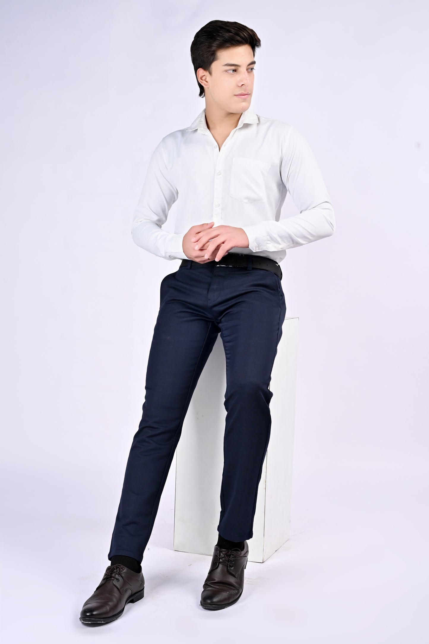 UrbanCross 4-Way Stretch Premium Tailor-Fit Textured Navy Trousers | 65% Cotton 33% Poly 2% Spandex